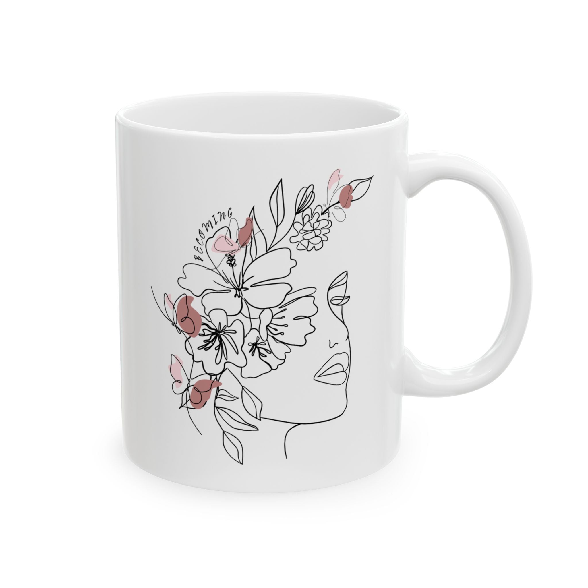 Floral Line Art Face Ceramic Mug — Minimalist Botanical Coffee Cup (11oz, 15oz)