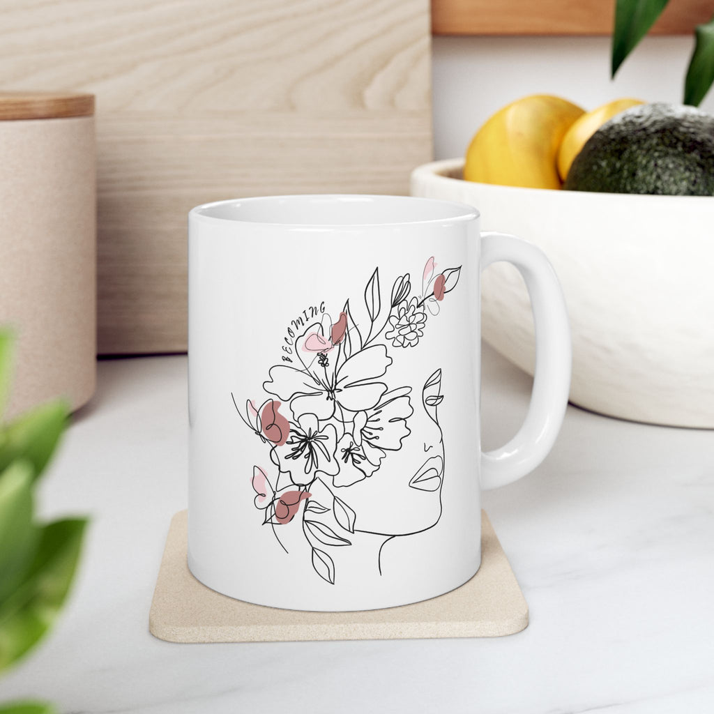 Floral Line Art Face Ceramic Mug — Minimalist Botanical Coffee Cup (11oz, 15oz)