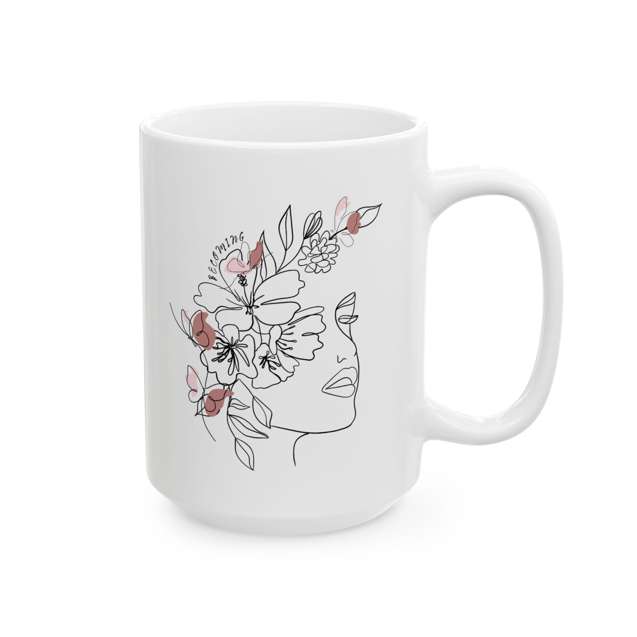Floral Line Art Face Ceramic Mug — Minimalist Botanical Coffee Cup (11oz, 15oz)