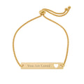 Engravable Heart Bar Bracelet — Adjustable Cutout Heart Nameplate ("You Are Loved")