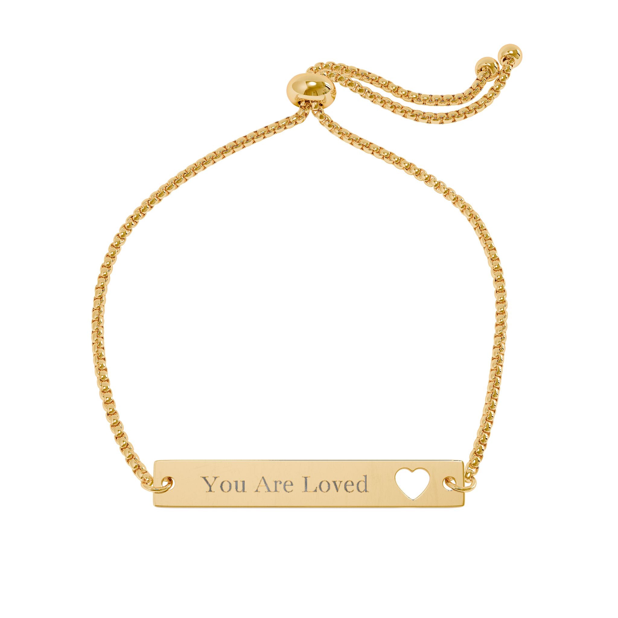 Engravable Heart Bar Bracelet — Adjustable Cutout Heart Nameplate ("You Are Loved")