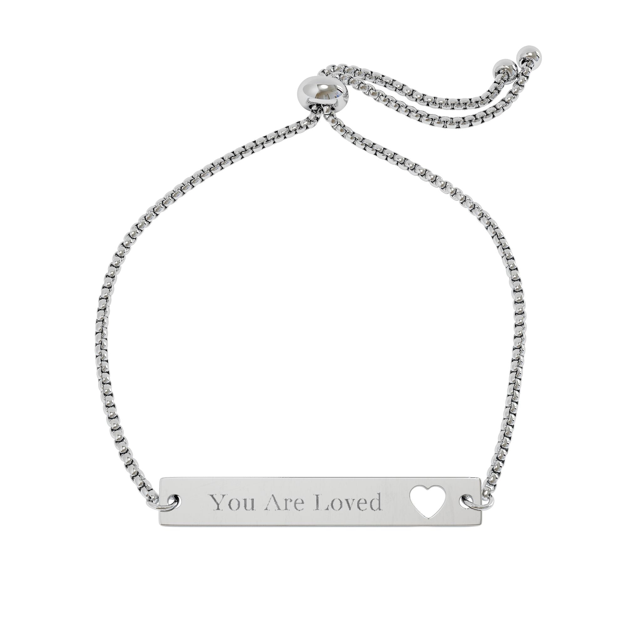Engravable Heart Bar Bracelet — Adjustable Cutout Heart Nameplate ("You Are Loved")