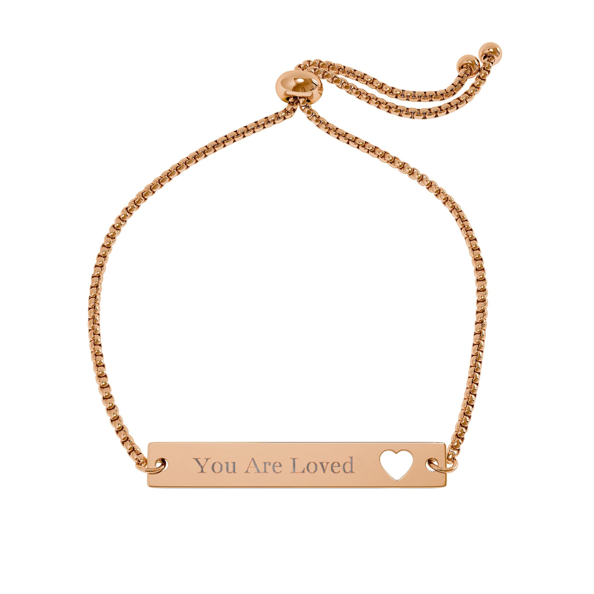 Engravable Heart Bar Bracelet — Adjustable Cutout Heart Nameplate ("You Are Loved")